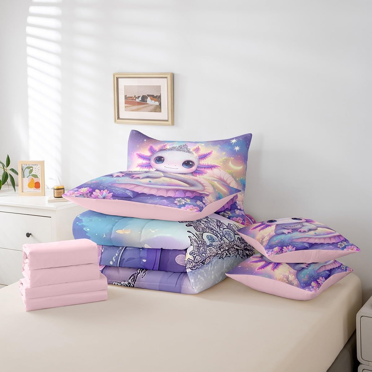 Erosebridal Cute Axolotl Comforter Set with Sheets Full Size,Blooming Blossom Flower Purple Galaxy Printed Bedding for Kids Girls Room Decor,Cartoon Axolotl Ocean Animal Bed Set 7Pcs