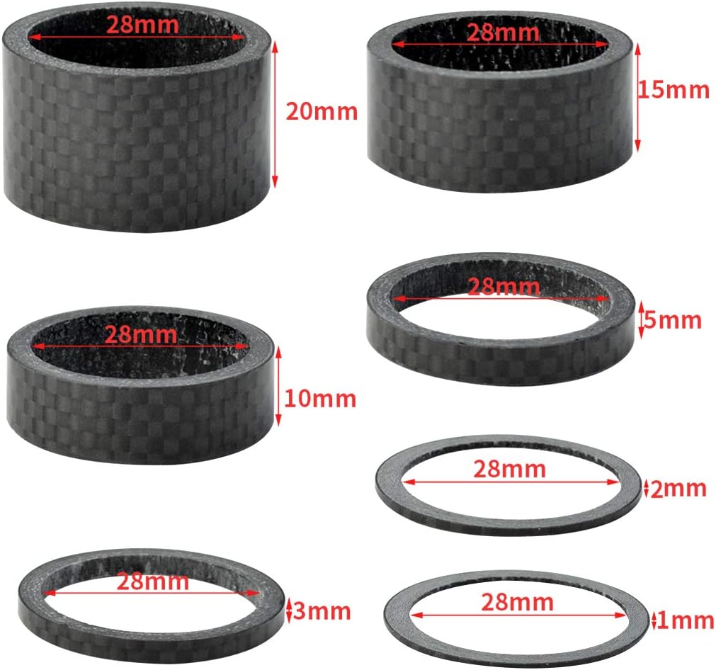 Fengek 15 Pcs Headset Spacer for Bicycle, 7 Sizes Carbon Fiber Road Bicycle Stem Headset Spacers Kit for 1-1/8 Inch Stem, 1mm 2mm 3mm 5mm 10mm 15mm 20mm
