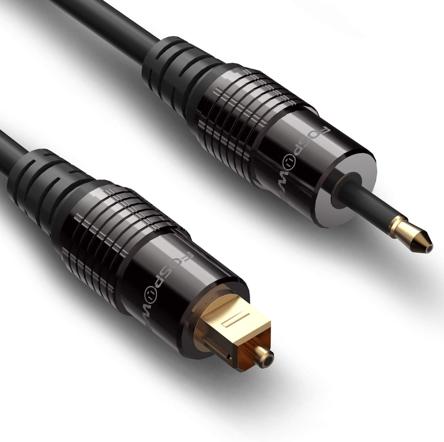 FosPower 24K Gold Plated Toslink to Mini Toslink Digital Fiber Optical S/PDIF Audio Cable with Metal Connectors & Strain-Relief PVC Jacket - 10ft