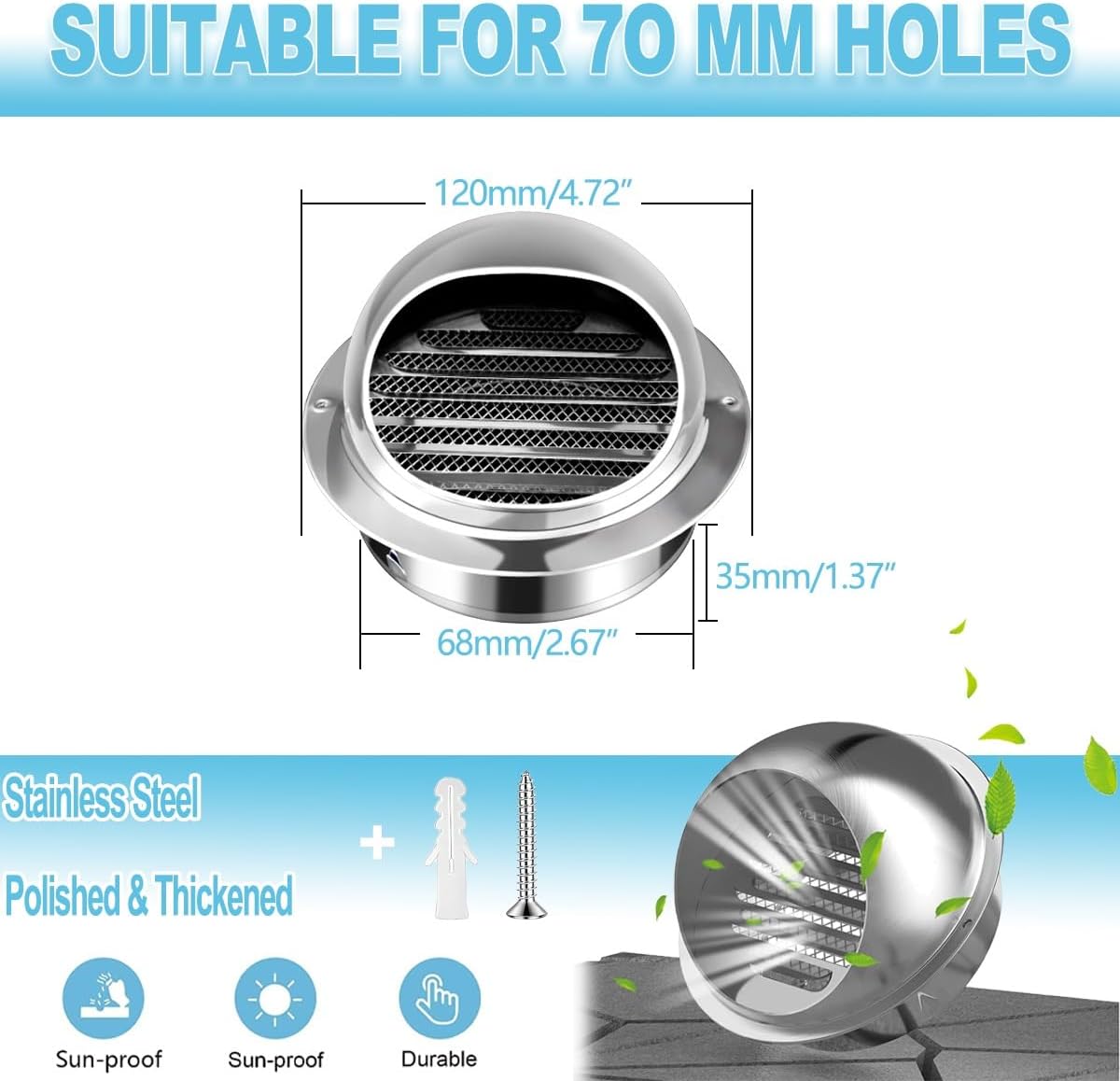 4 Pcs Duct Dryer Air Vent Cover Exterior Wall, Soffit Vent Round Stainless Steel for Home Ceiling, Exhaust Vent for HVAC Ventilation System(180 mm/7in)