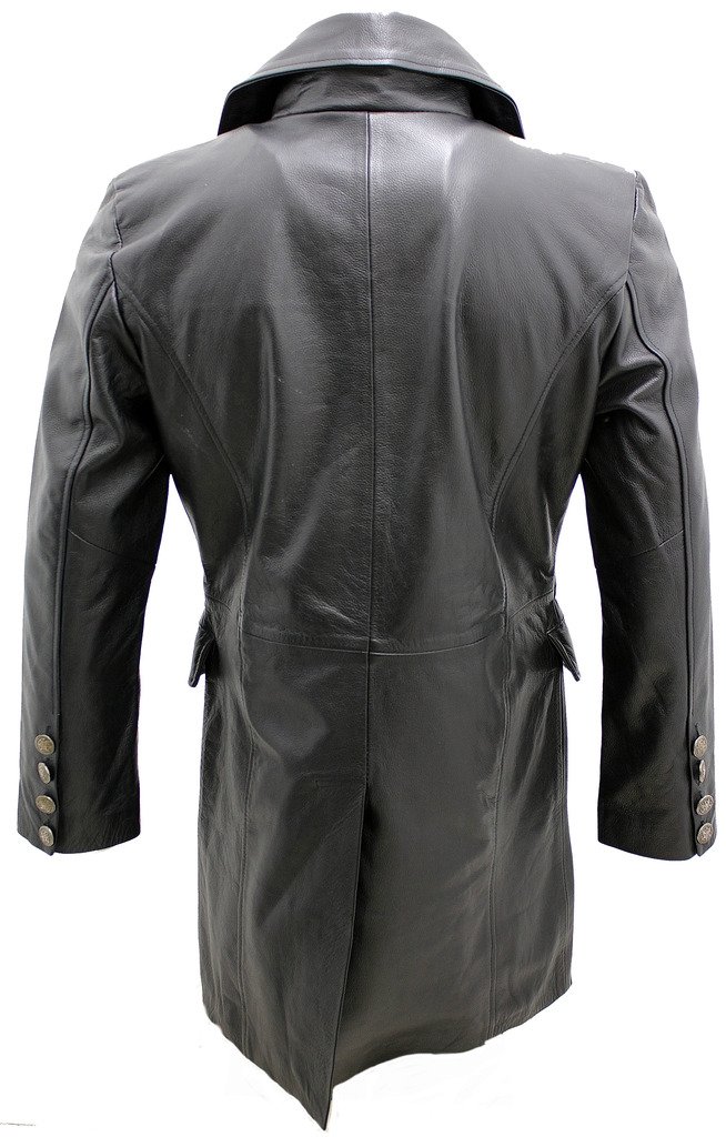 Infinity Leather Männer Langer schwarzer Deutscher Marineledermantel