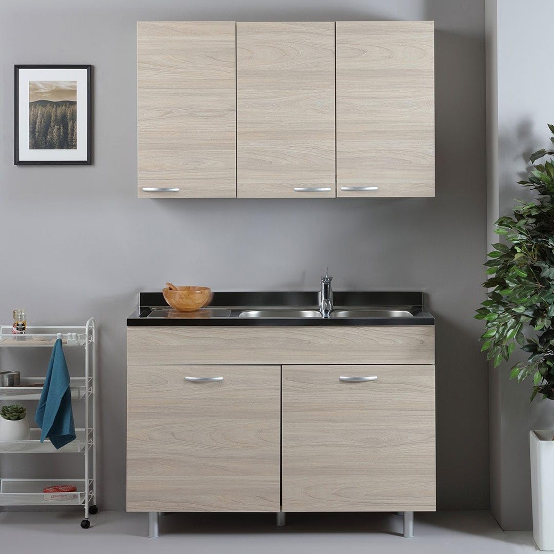 Cucina in Kit 120 cm Olmo con Mobile Sottolavabo e Pensile con 3 Ante - Design Naturale