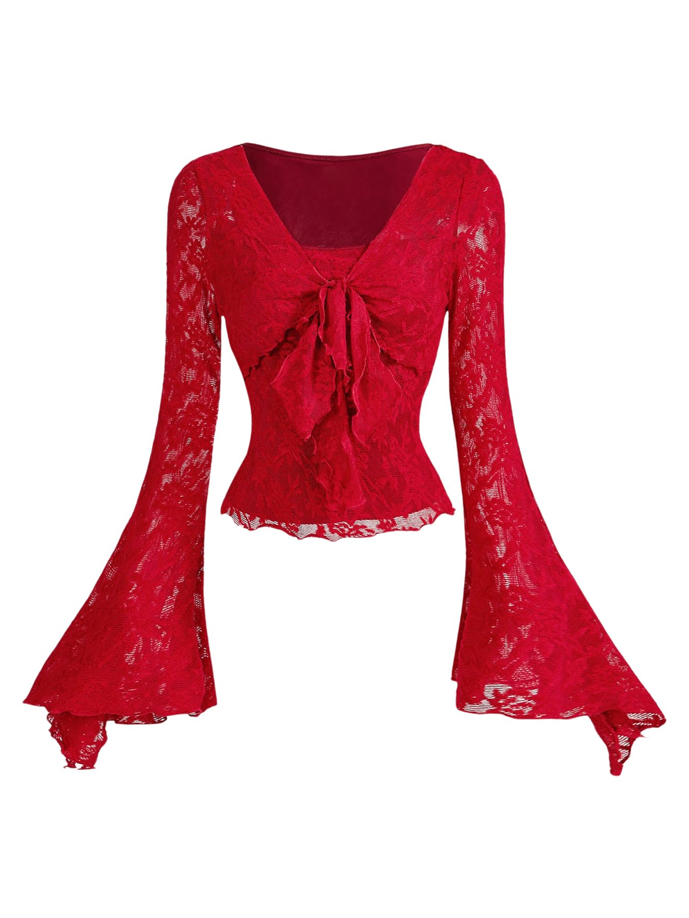 Verdusa Camiseta feminina de manga comprida com estampa floral e acabamento de alface - M - Borgonha