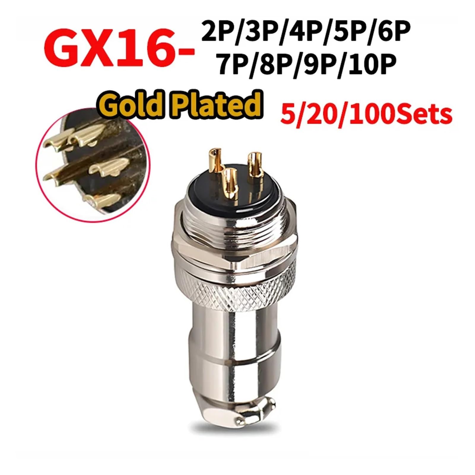 Connettore circolare per presa aviazione GX16 placcato oro - 5/20/100 set, maschio e femmina, connettori per cavo elettrico a 2-10 pin (GX16 Nut Gold Plated,20 Sets_8P)