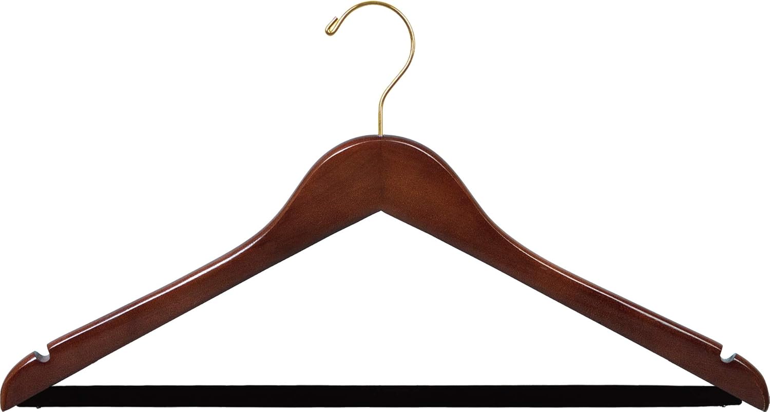 Wooden Suit Hangers with Walnut Finish and Velvet Non-Slip Bar, Space Saving Flat Hanger with Brass Swivel Hook & Notches (Set of 100) by The Great American Hanger Company