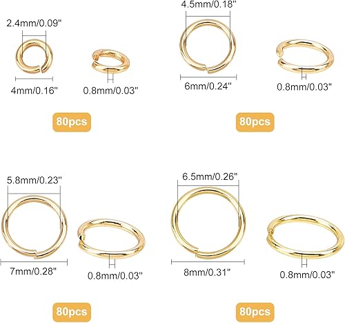 Miniatura 2 de AHANDMAKER 320 anillos de salto abiertos, 4 tamaños reales chapados en oro de 24 quilates, anillos de salto de acero inoxidable a granel para