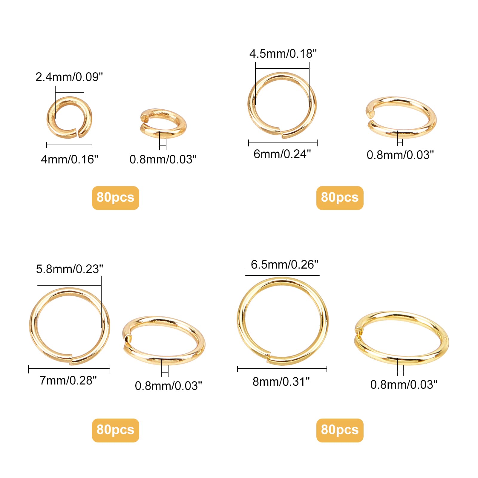 AHANDMAKER 320 Pcs Open Jump Rings, 4 Sizes Real 24K Gold Plated Stainless Steel Jump Rings Bulk for DIY Jewelry Craft Earring Necklace Bracelet Pendant Choker Keychain Making Findings, 2.4-6.5mm