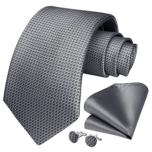 HISDERN Herren Krawatte und Einstecktuch mit Manschettenknöpfen Set Business Formal Hochzeitskrawatten für Herren Krawatte Einstecktuch,Schwarz und Silber