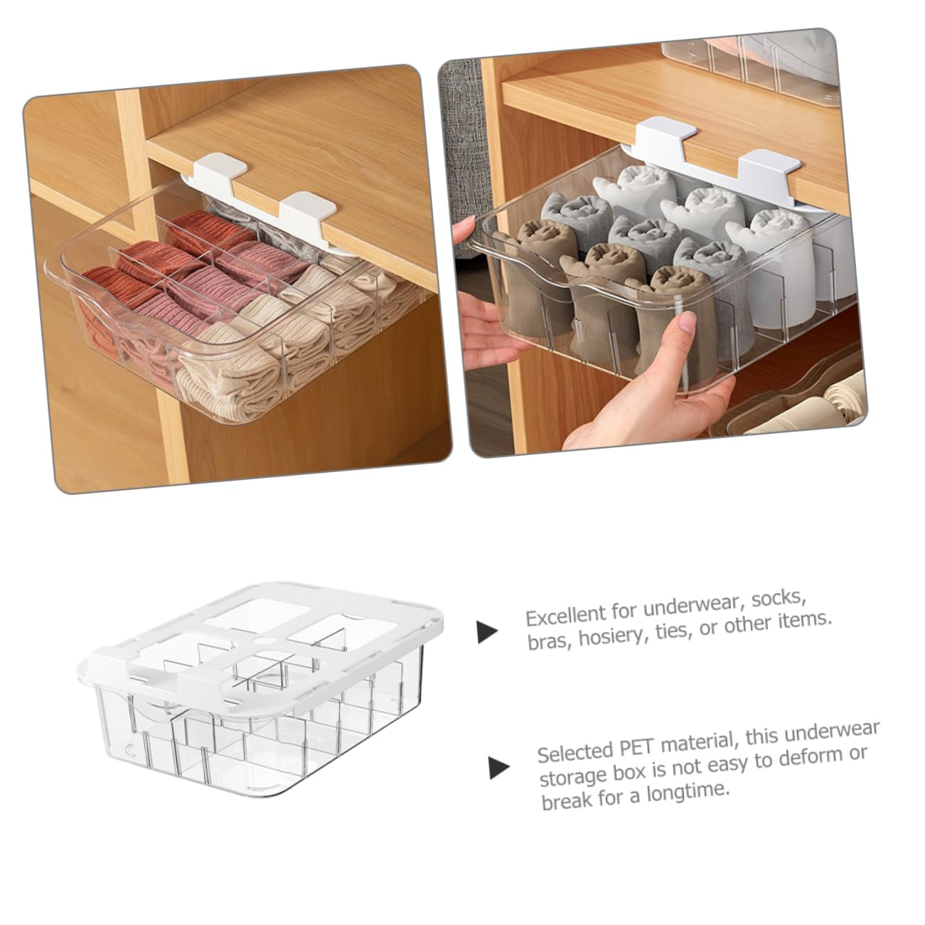 Schubladenbox für Socken mit 15 Fächern, Transparente PET Ausführung