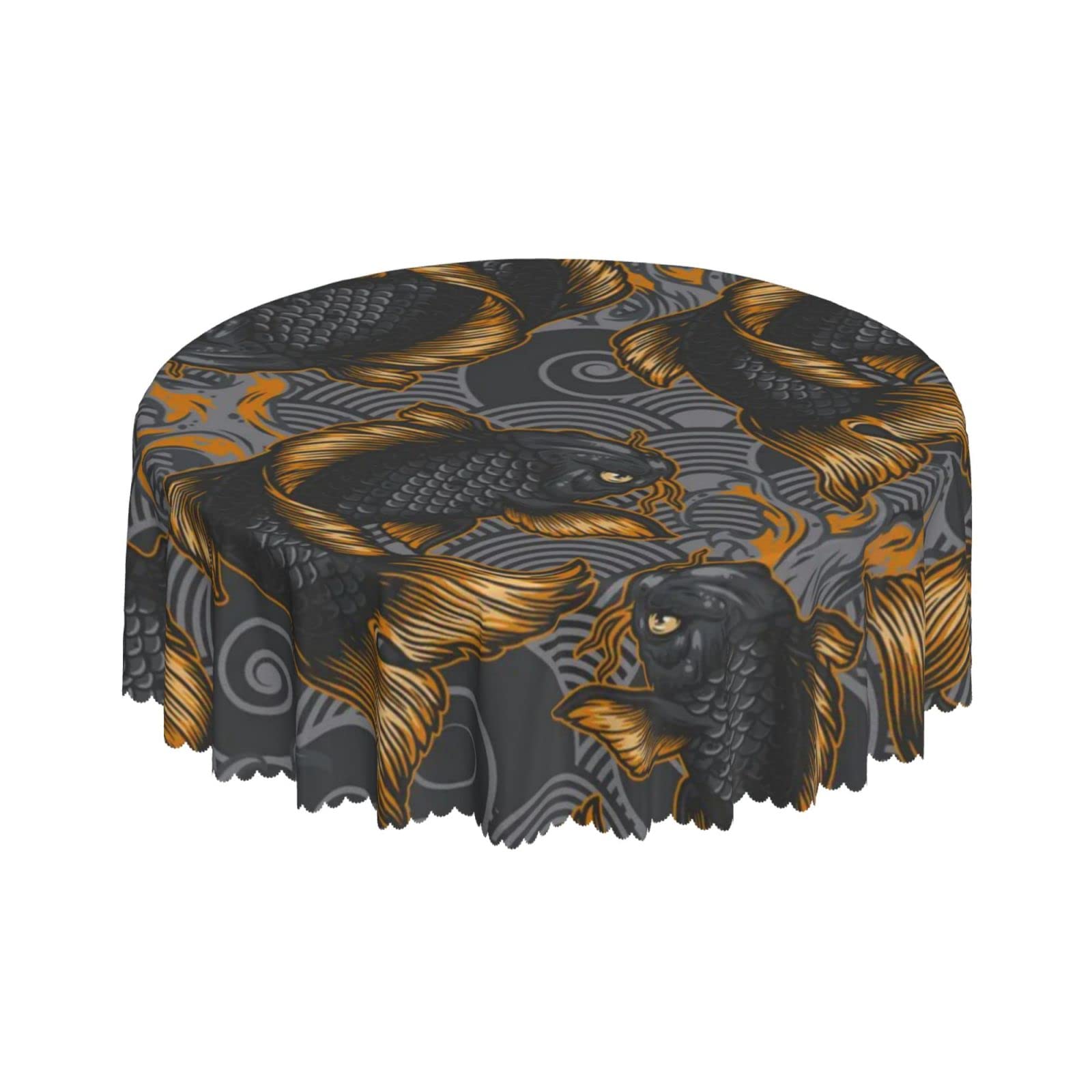 Lsjuee Ocean Wave Fish Black Round Tablecloth 60 Inch Printed Washable Tablecloth for Dining Party Holiday Fall Home Decorative