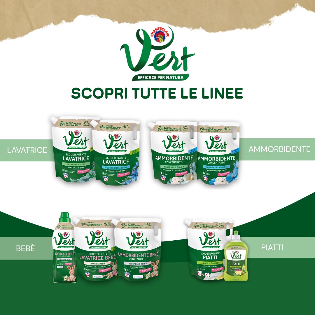 Vert di Chanteclair - Ecodetergente Piatti, Limone e Basilico - Ipoallergenico, Metal tested,100% Attivi di Origine Vegetale, Formula Sgrassante - 12 Flaconi da 500 ml