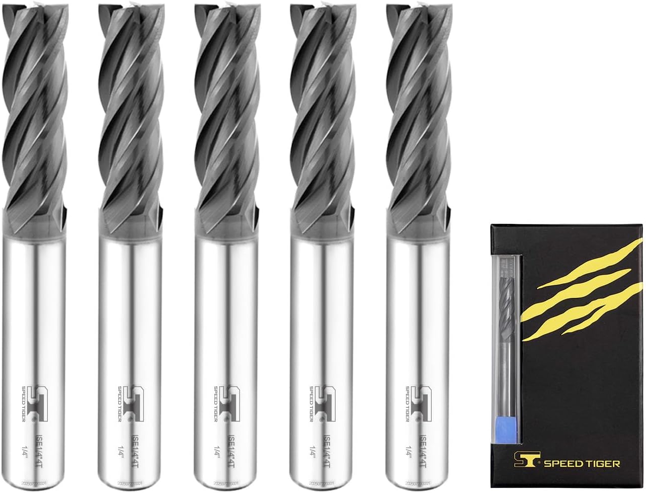 SPEED TIGER ISE Carbide Square End Mill - Micro Grain Carbide End Mill for Alloy Steels/Hardened Steels - AlTiBN Coating - 4 Flute - ISE1/4"4T (5 Pieces, 1/4")