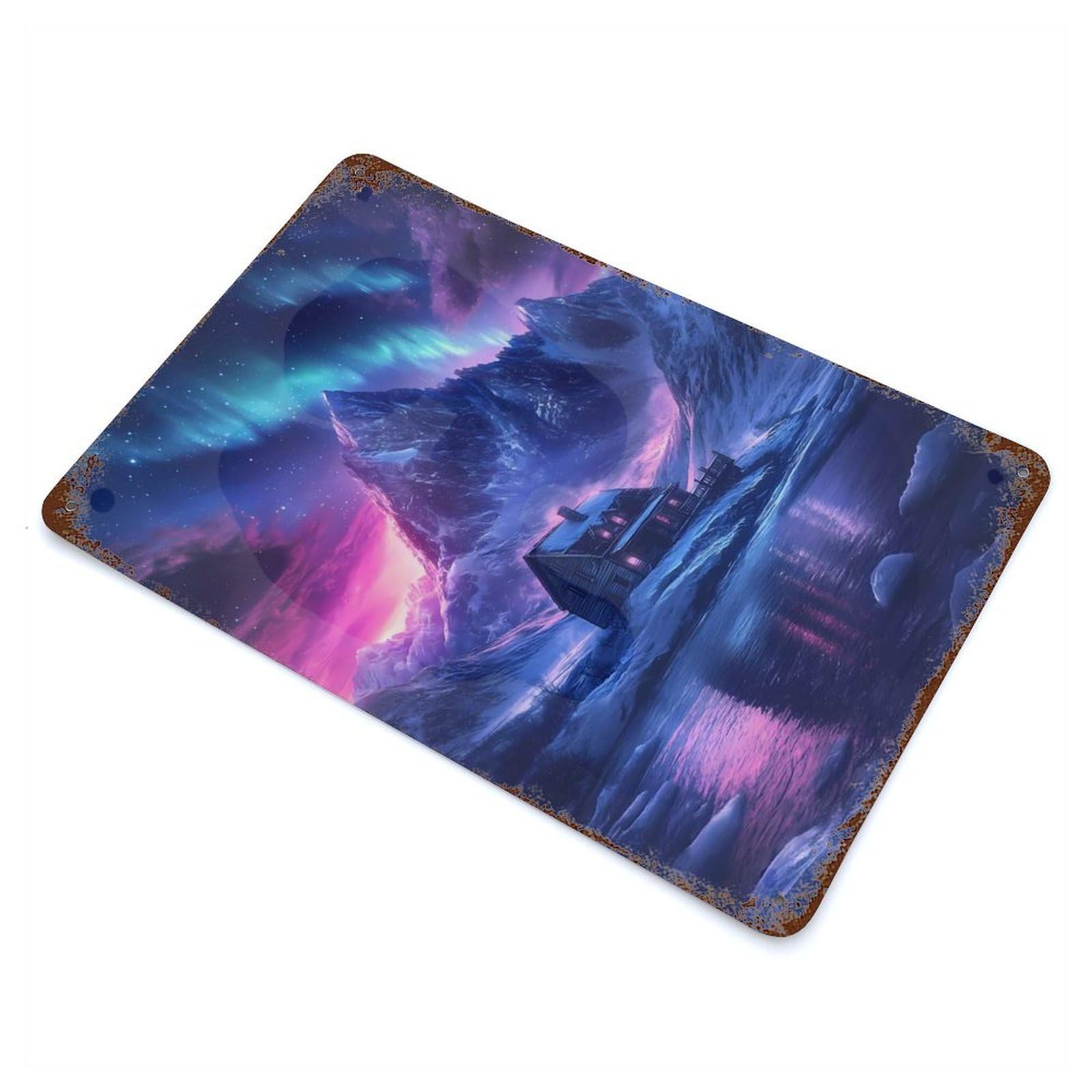 Cabin Under Aurora Borealis Snow Space Landscape Distressed Metal Wall Sign 11.8"x7.9", for Farmhouse, Kitchen And Entryway Decor, Rustic Home Decor