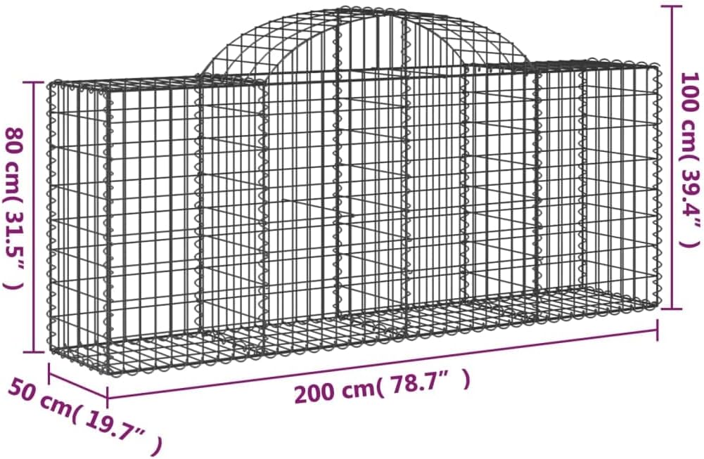 Arched Gabion Baskets 4 pcs Galvanized Iron for Outdoor Gravel and Stone Filling, Decorative Garden Barrier and Retaining Wall Structure 78.7"x19.7"x31.5"/39.4"