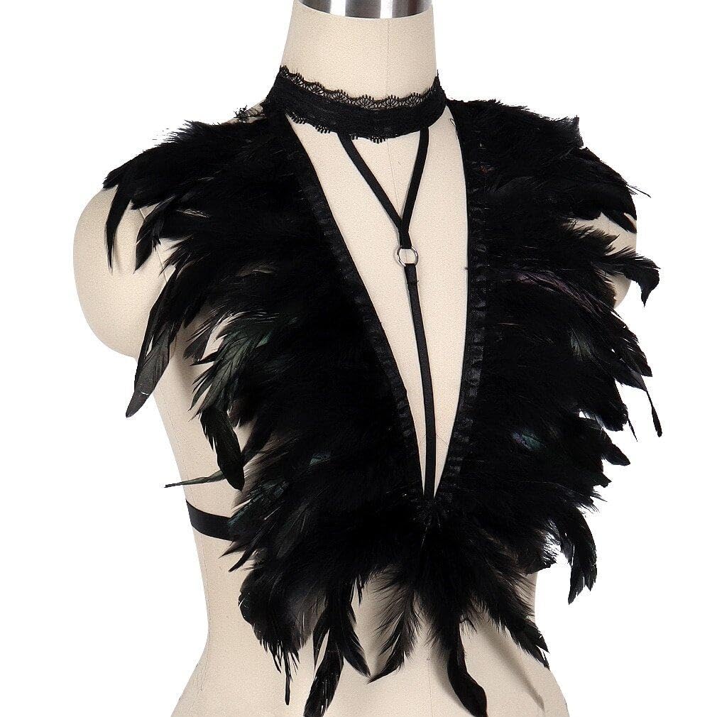 Imbracatura di Piume Nere Reggiseno di Piume Gotiche Imbracatura di Piume Punk Coprispalle di Piume Imbracatura Elastica di Piume Vuote Shaw