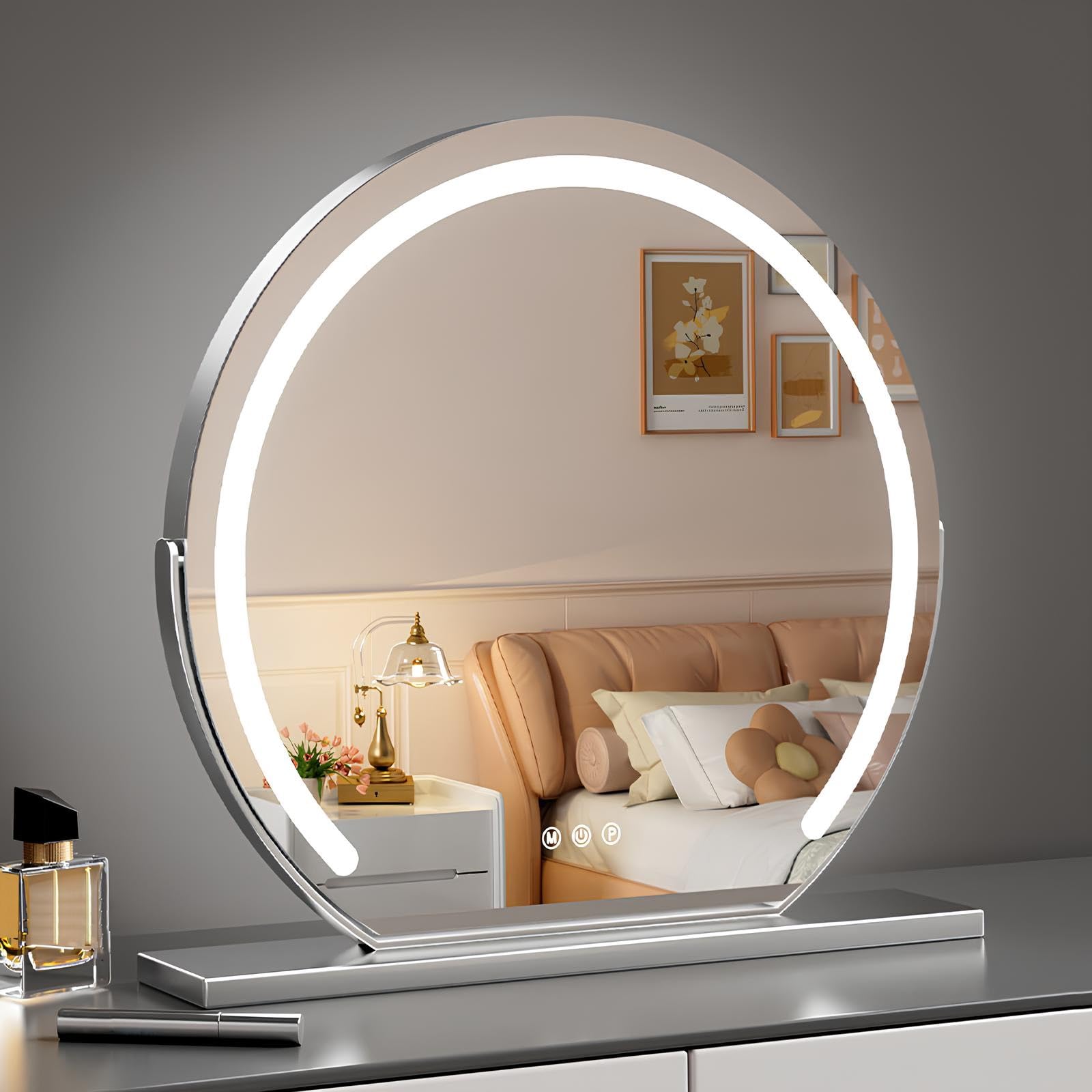 VQWQV Tabletop Illuminated Mirrors, 360° Rotating Makeup Mirror With Lights, Cosmetic Mirror For Vanity Shaving Or Plucking Eyebrow, Touch Switch, 3 Colors Dimmable(Silver,50cm/19.6in)