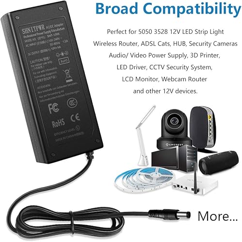 Miniatura 7 de SHNITPWR Adaptador de fuente de alimentación de 12V 5A 60W Convertidor de CA CC 100V  240V a 12 voltios Transformador de 5 amperios 0.217x0.098 in