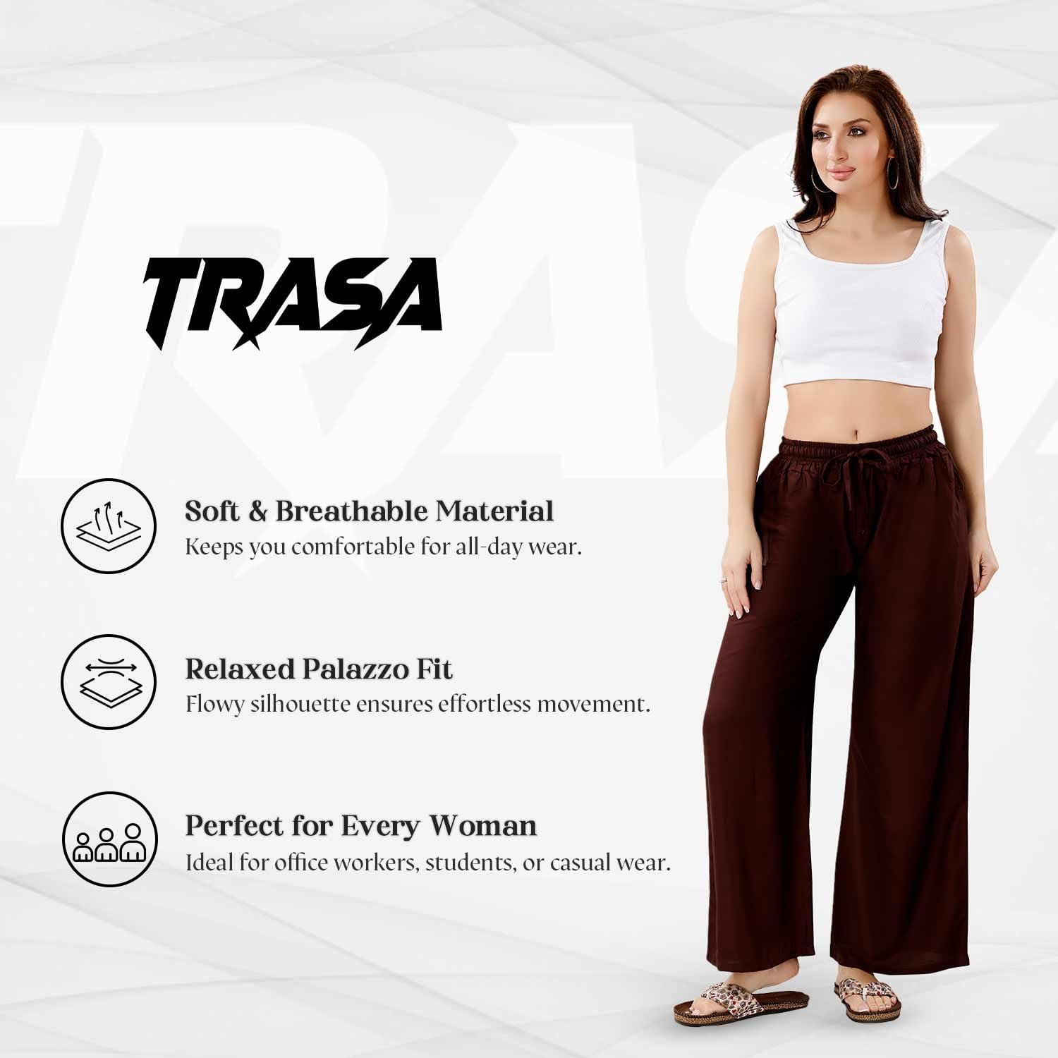 TRASA Ultra Soft Reyon Cotton Regular and Plus Palazzo for Womens and Girls - Brown - 4XL - Image 2 thumbnail