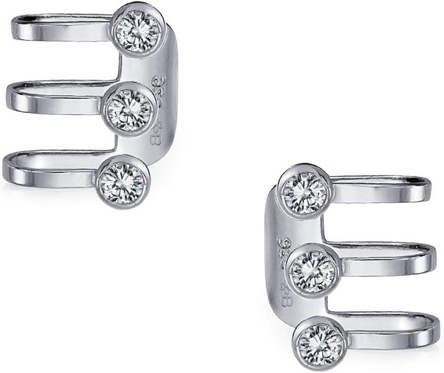 Minimalist Geometric Three CZ Bezel Wrap Helix Stripe Bar Line Triple Band Cartilage Ear Cuffs Earrings .925 Sterling Silver - Image 3
