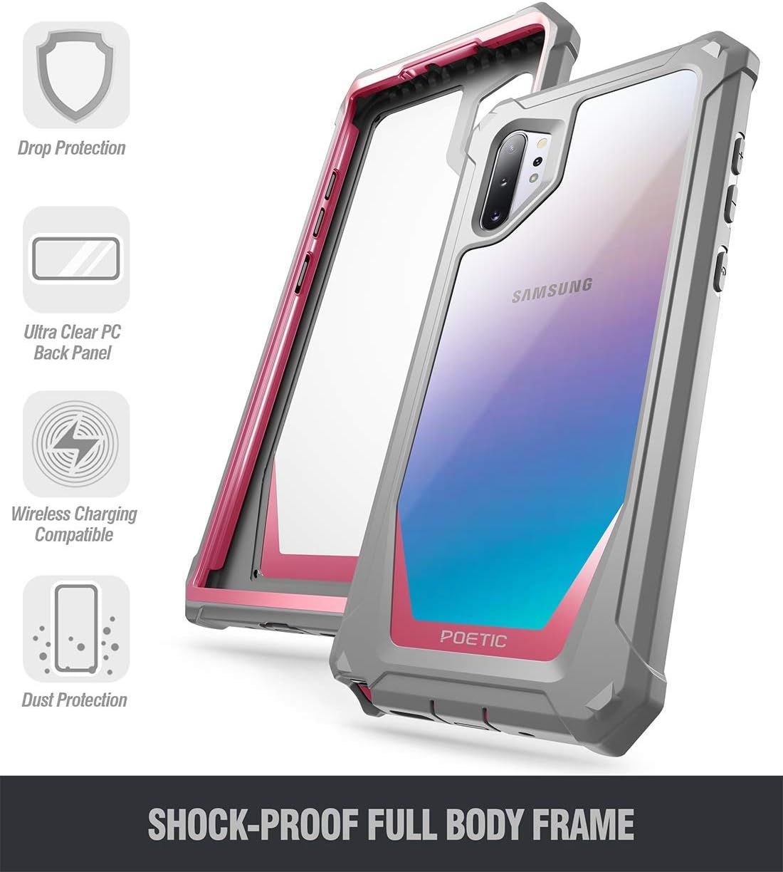 Galaxy Note 10 Plus Rugged Clear Case, Poetic Full-Body Bumper Cover, Support Wireless Charging, Without Built-in-Screen Protector, Guardian, Case for Samsung Galaxy Note 10+ Plus 5G, Pink