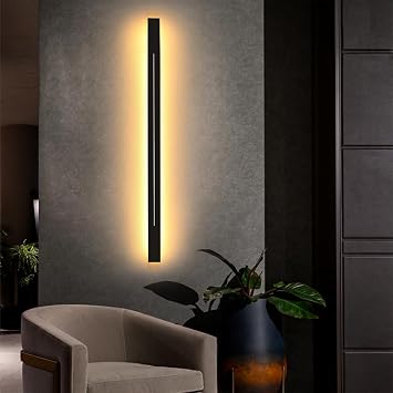 Black Long Wall Lights, Modern LED Wall Sconces, Strip Metal Wall Lamps with Linear Acrylic Shade, Nordic Minimalist Wall Light Fixtures for Bedside, Hallway, Stairwell