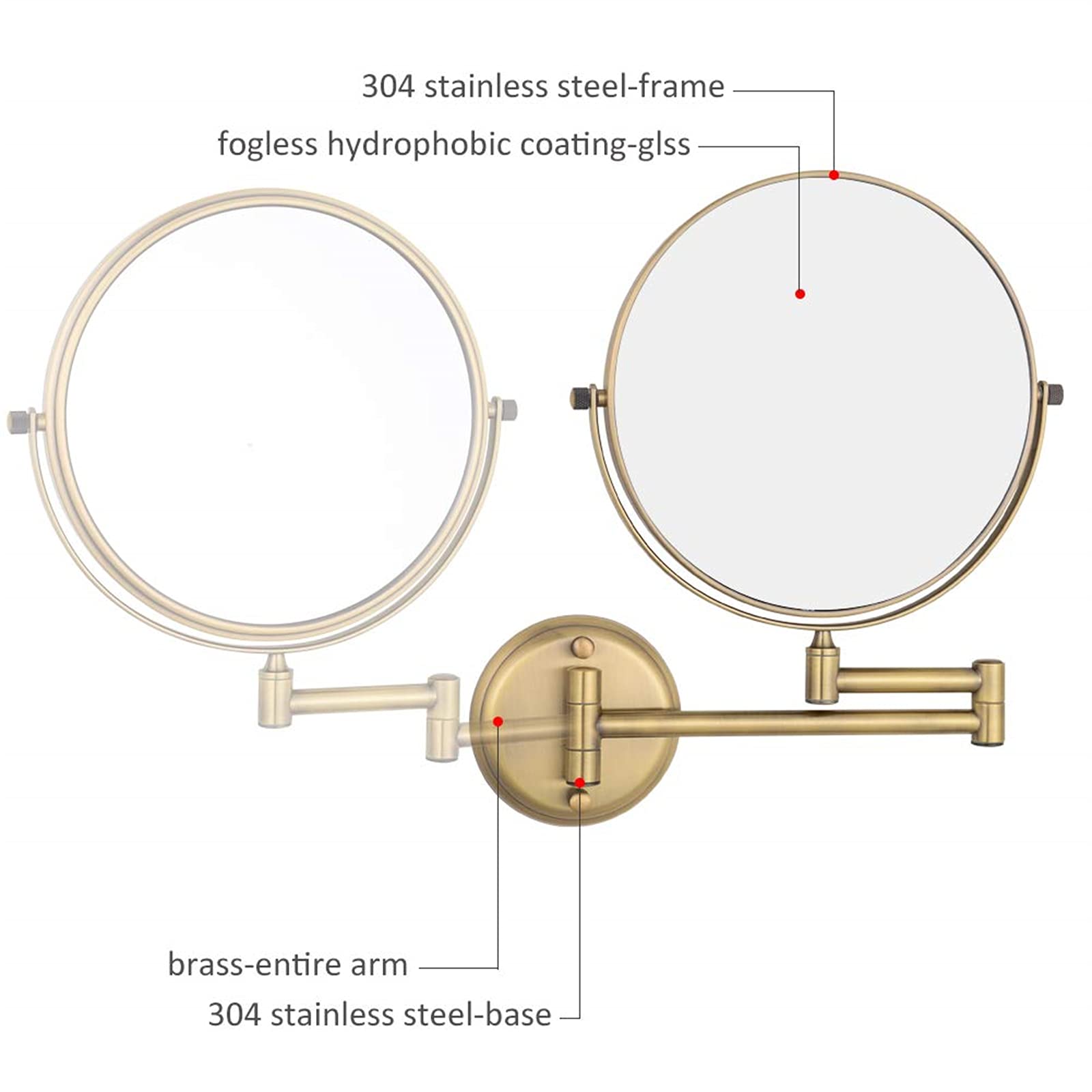 GuyAna Specchio per Il Trucco a Parete, Specchio da Barba ingranditore in Ottone da 8 Pollici Girevole Allungabile Pieghevole Specchi da toeletta bifacciali per Bagno, Decorazione 7X (5X)