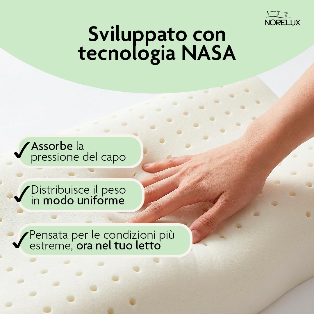 NORELUX Cervical Cuscino Cervicale Forato a Doppia Onda in Memory Foam, Fodera in Aloe Vera, Guanciale Viscoelastico per Supporto a Testa e Collo, OEKO-TEX Standard 100, 67x42x9/11cm, Made in Italy