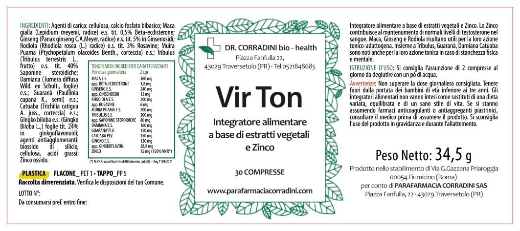 Dr. Corradini Integratore Uomo Forte Potenza e Durata con Maca Peruviana, Tribulus Terrestris alto dosaggio, Guaranà, Ginseng, Damiana e Zinco 30 Compresse