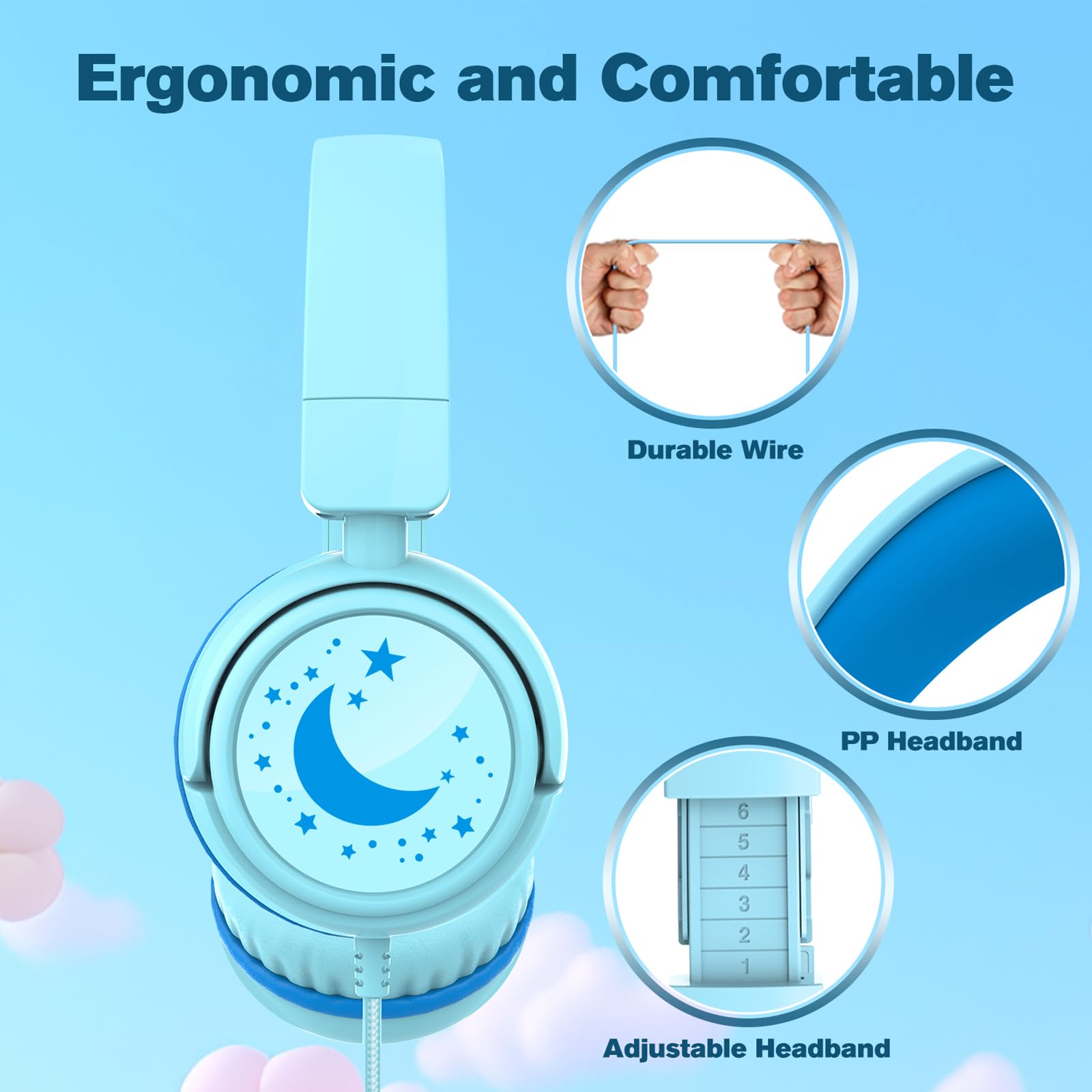 K6 - Cuffie per bambini per la scuola, limite di volume 85/94 dB, cuffie cablate per bambini, jack da 3,5 mm, pieghevoli, con microfono, cuffie per smartphone, iPad, tablet, aereo, viaggi (ciano)