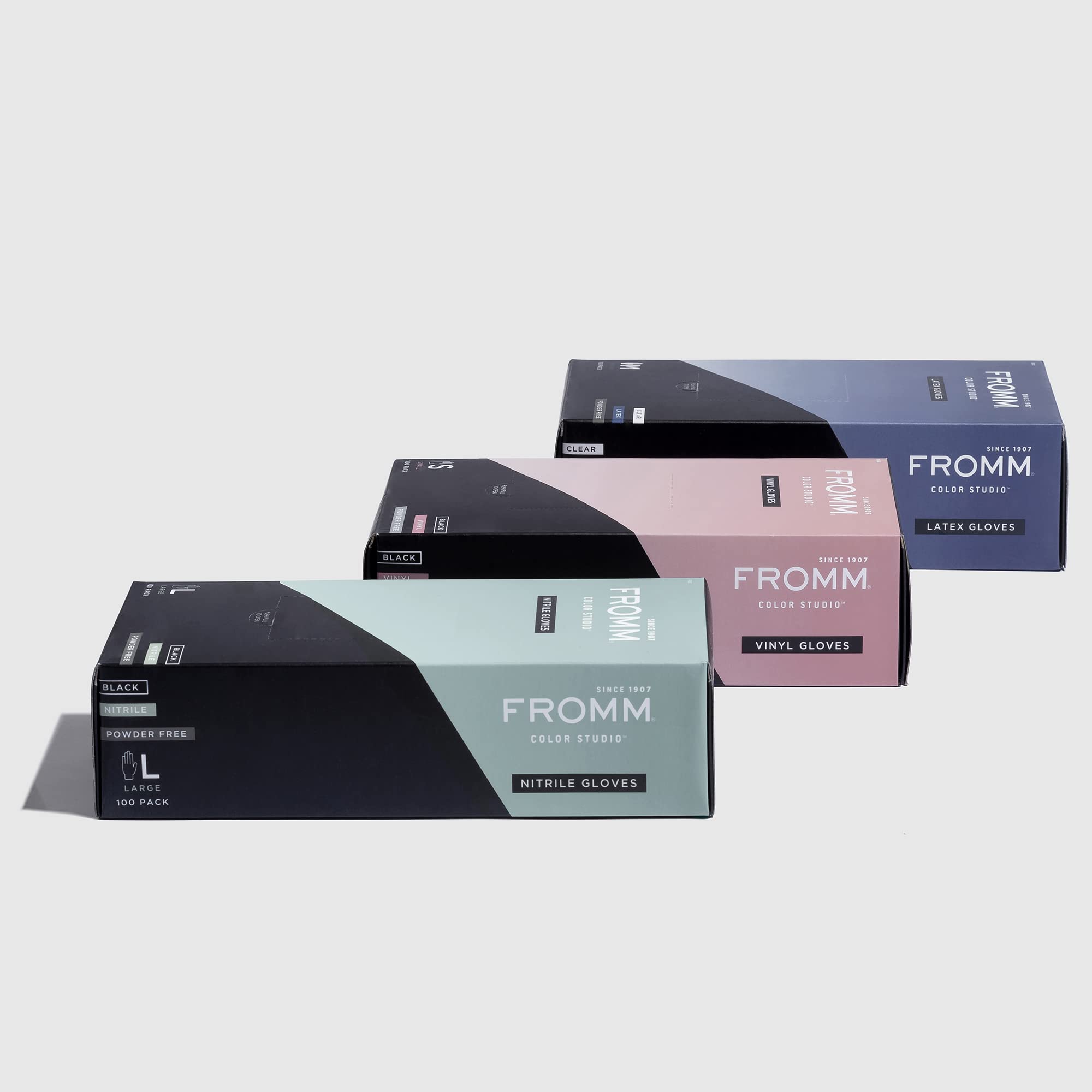 Fromm Fomm Color Studio, guanti monouso in nitrile senza polvere, grandi, resistenti alle macchie, neri, per tinture per capelli, trattamenti chimici e pulizia della casa (confezione da 100)