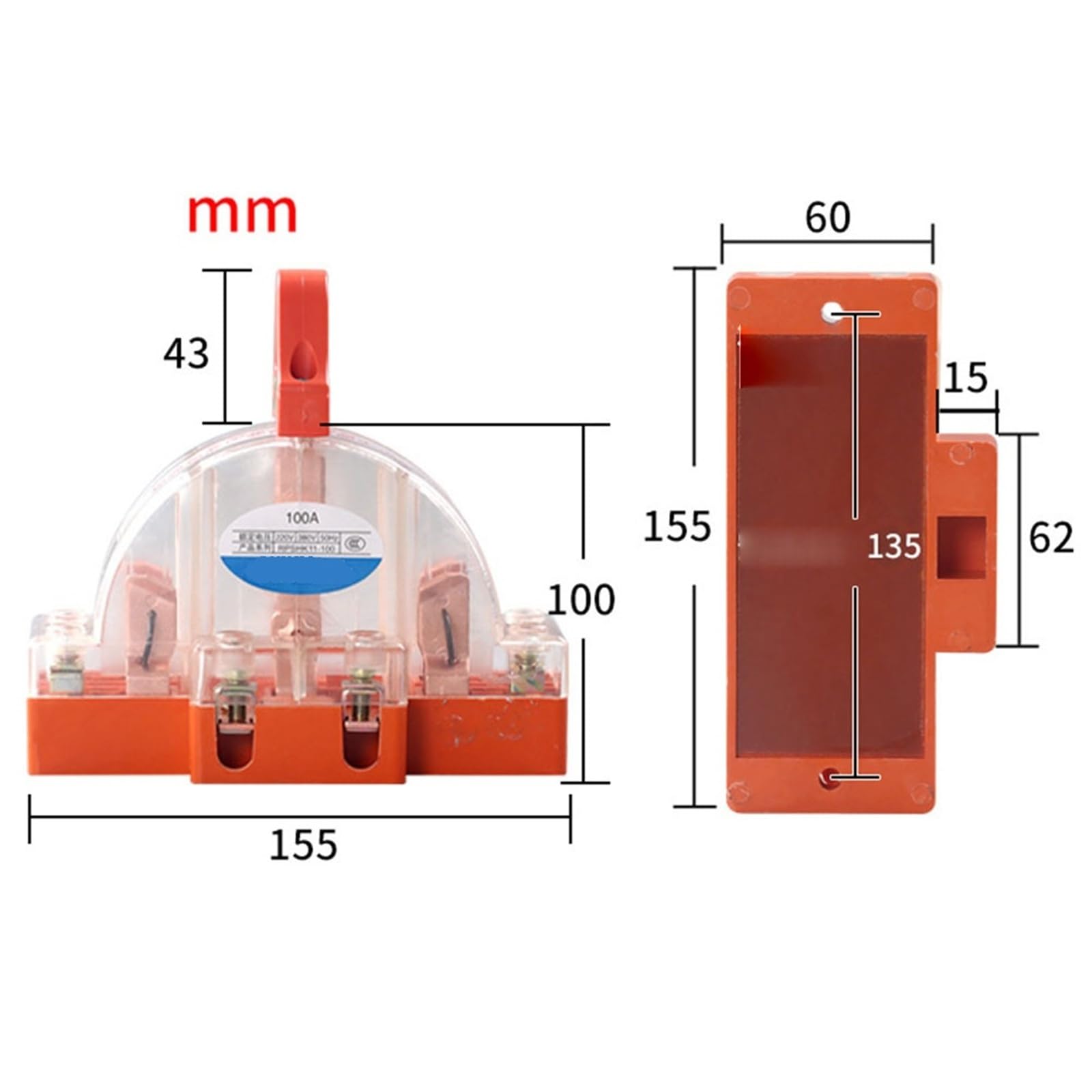 Interruptor de seguridad de cuchilla de dos posiciones, 2 polos, semicircular, 32 A, DPDT(100A 2P-transparent)