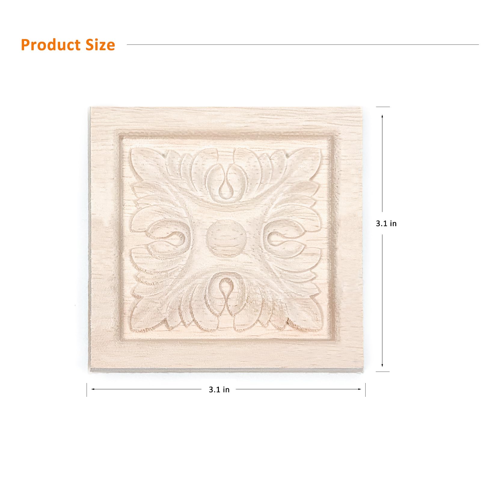 Vilanca 8 Pcs Decorative Wood Flower Carved Appliques Onlays, 3.1 x 3.1inch Unpainted Solid Wood Square Carving Decal for Furniture Cabinet Closet Decoration (Type2-3.1inch-8pcs)