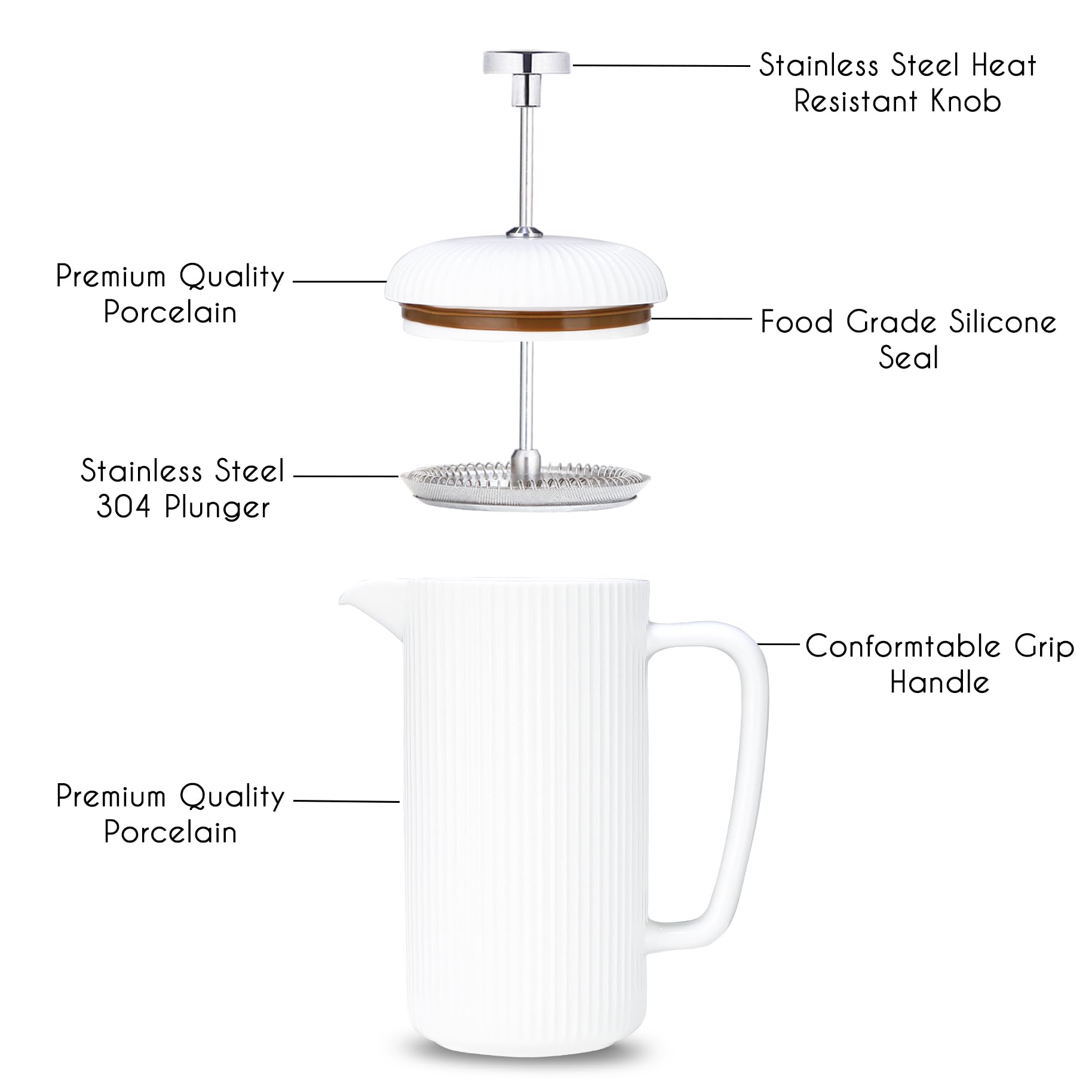 Easyworkz Porzellan-French-Press, 1000ml, Kaffeemaschine mit Edelstahl-Kolben, Elfenbein