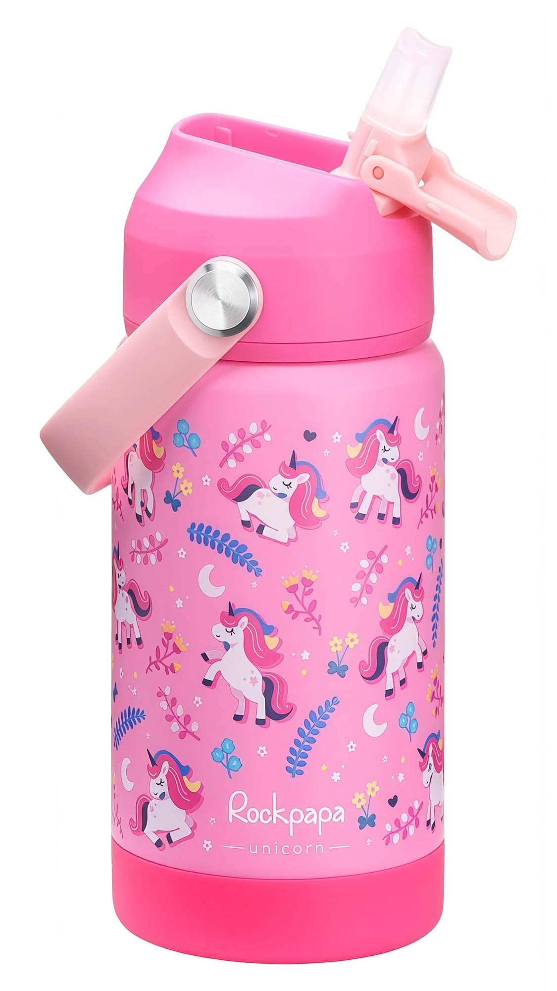 Rockpapa Kids Insulated Water Bottle with Straw, BPA-Free, 18/8 Stainless Steel, Leak Proof, 14OZ Metal Cup Water Bottle for School Boys Girls (Pink Unicorn) โ image 1