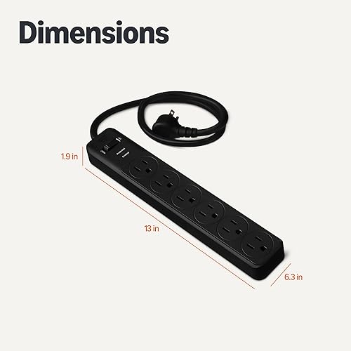 Miniatura 5 de Tienda Basics Regleta protectora de sobretensiones rectangular de 6 tomas, 600 julios, 2 pies, negro, pequeño, paquete de 2