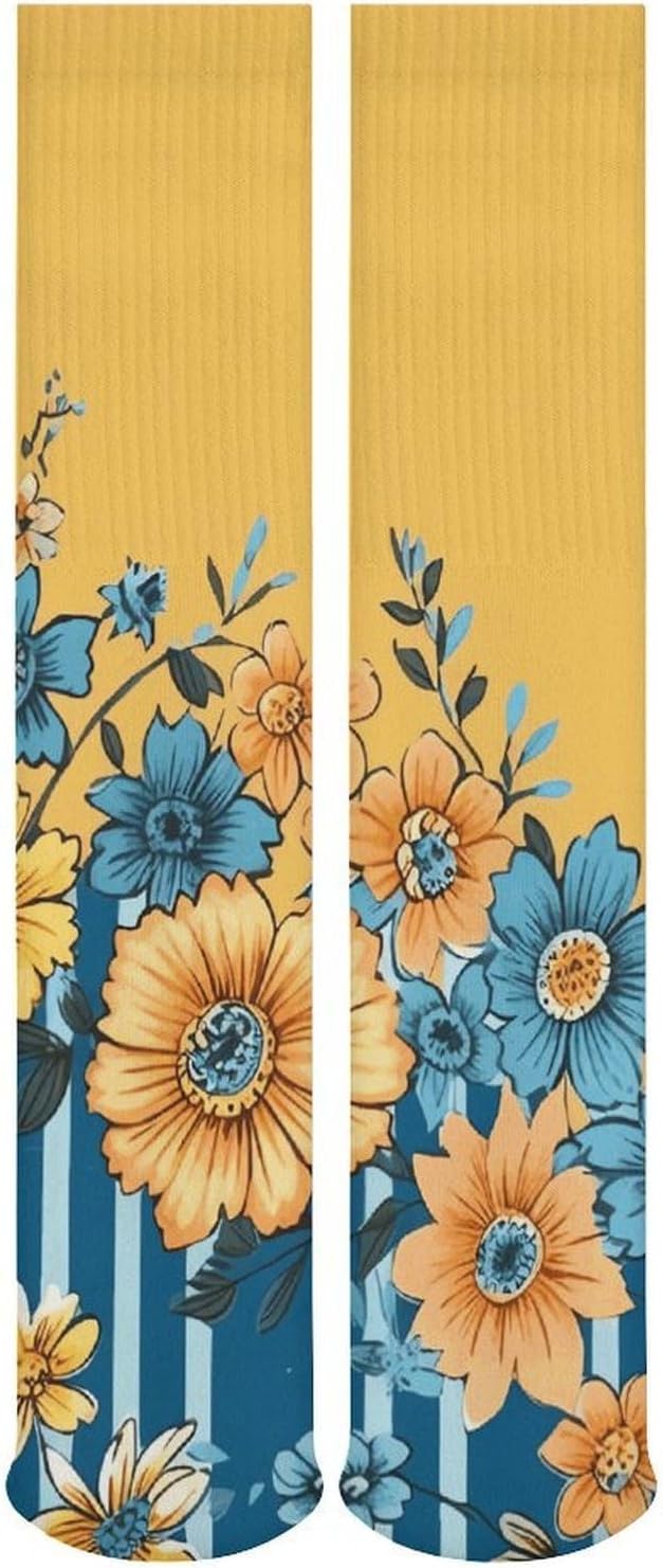 5 Pairs Knee High Socks Yellow Blue Floral Long Tube Boot Seamless Toe