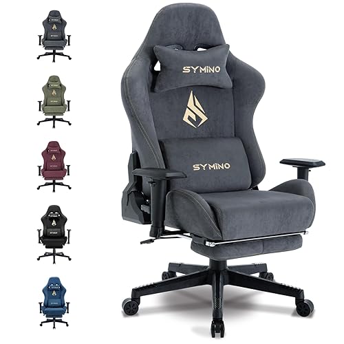 Symino Gaming Chair, Computer Chair with Footrest, Headrest and Lumbar Support, Ergonomic PC Chair, Height Adjustable Rotating Task Chairs, Gray - Grey - fur suede