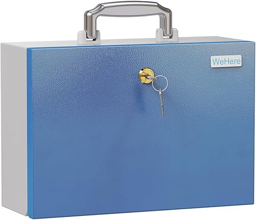 WeHere Caja fuerte con cerradura con llave, caja de bloqueo de metal resistente para efectivo, documentos, objetos de valor, bolsa ignífuga, caja de