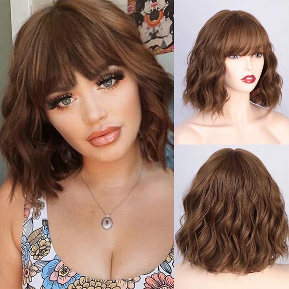 Amazon.com : Wave Bob with Bangs Human Hair Wig Brown Color  display picture 3