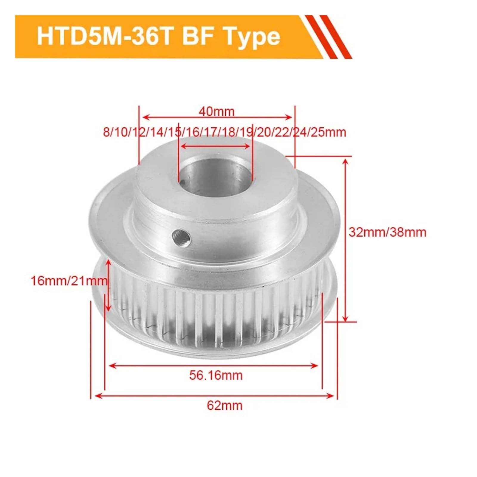 1pc 5M 36T Zahnriemenscheibe HTD5M Typ Getrieberiemenscheibe 16mm/21mm Riemenbreite 8/10/12/14/15/16/17/18/19/20/22/24/25mm Bohrung Aluminium Riemenscheibe(10mm,16mm)