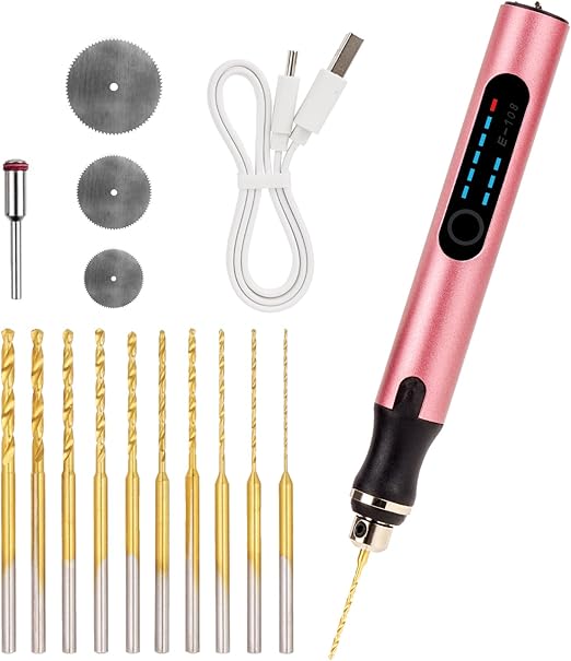 3-Speed Cordless Mini Drill Pen with 10 Small Drill Bits, Rechargeable Electric Hand Drill, Resin Drill Set for Jewelry Making Plastic Wood Keychains DIY (Rose Gold)