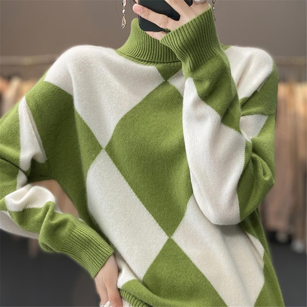 Youllyuu Maglione Dolcevita 100% Lana Maglione Pullover Lavorato a Maglia in Cashmere da Donna Maglione a rombo