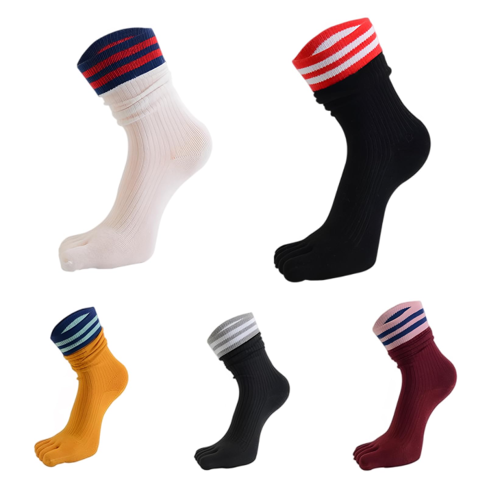 Chenflying Womens Striped Toe Socks Cotton Five Finger Sport Running Crew Socks for Girls, 5 Pairs
