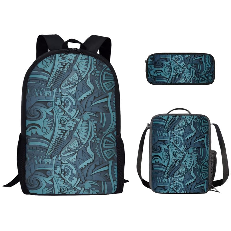 Daulesho Blue Hawaii Geometric School Backpack 3Pcs Set Tribal Ethnic Zigzag School Kids Backpacks with Lunch Box Island Totem Lightweight Elementary