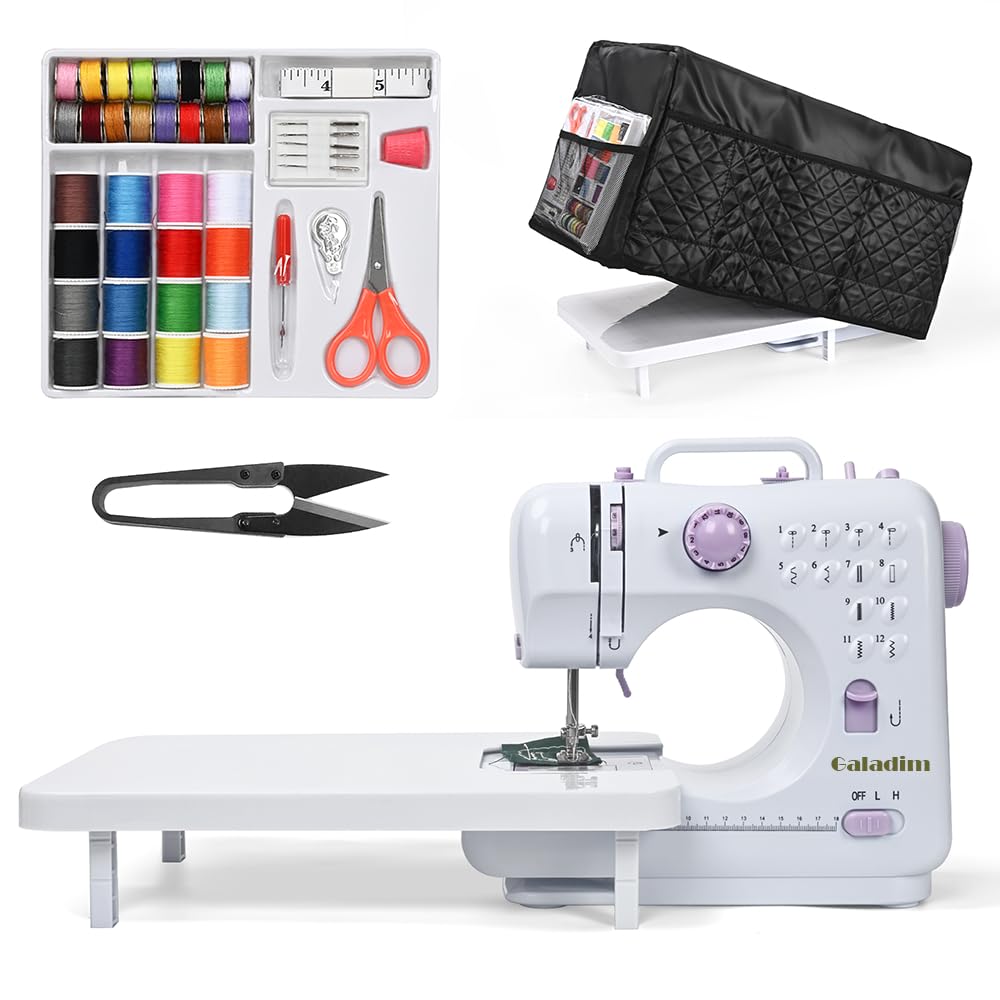 Mini Sewing Machine for Beginners (Includes Cover with Storage Pockets, Extension Table And Sewing supplies set) by Galadim GD-051-A10