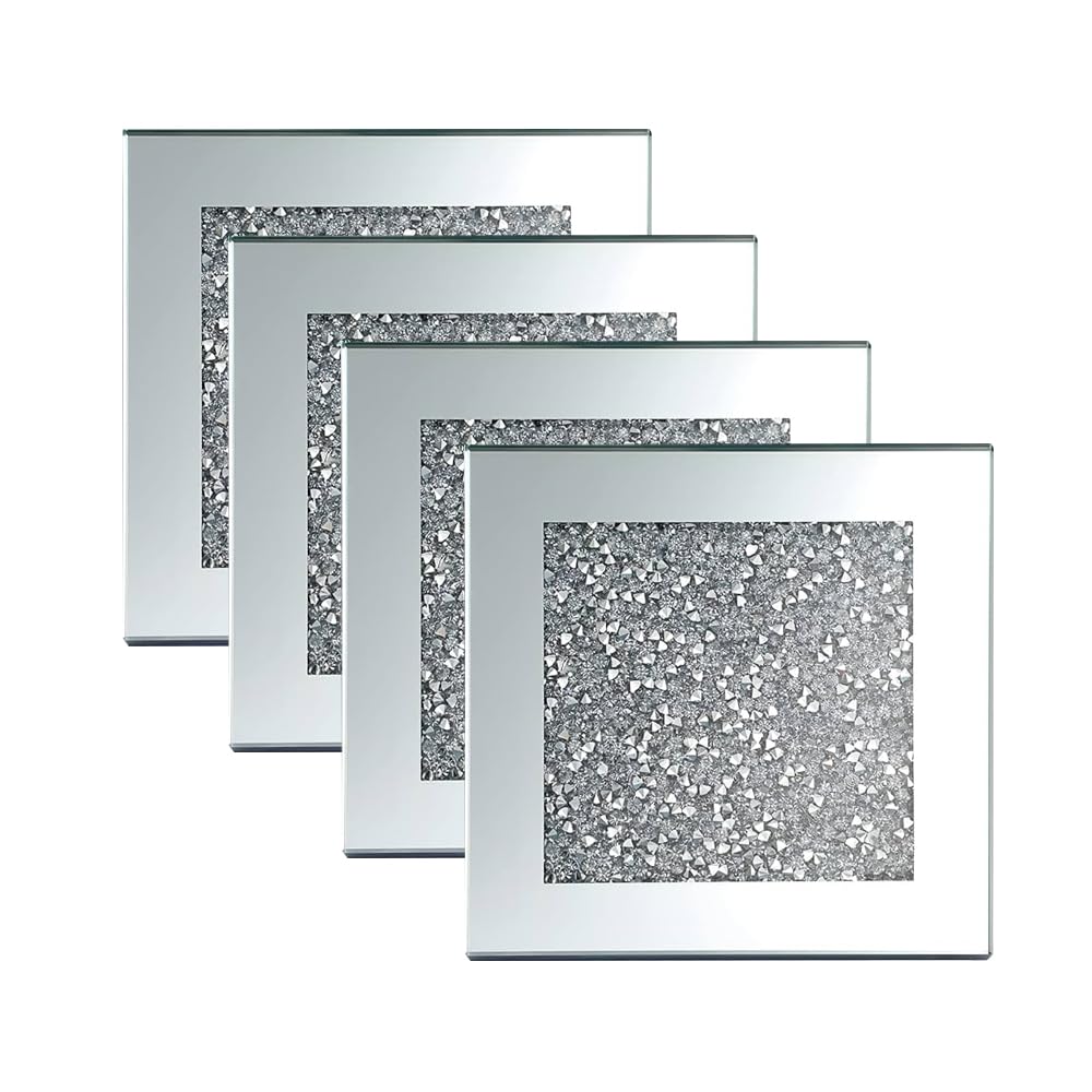 Bmlimited Silver Bml 4 X Crystal Crushed And Mirror Coaster Glitter Diamante Jewel For Kitchen, Restaurant & Dining Table Bar Decor 10 X 10 Cm