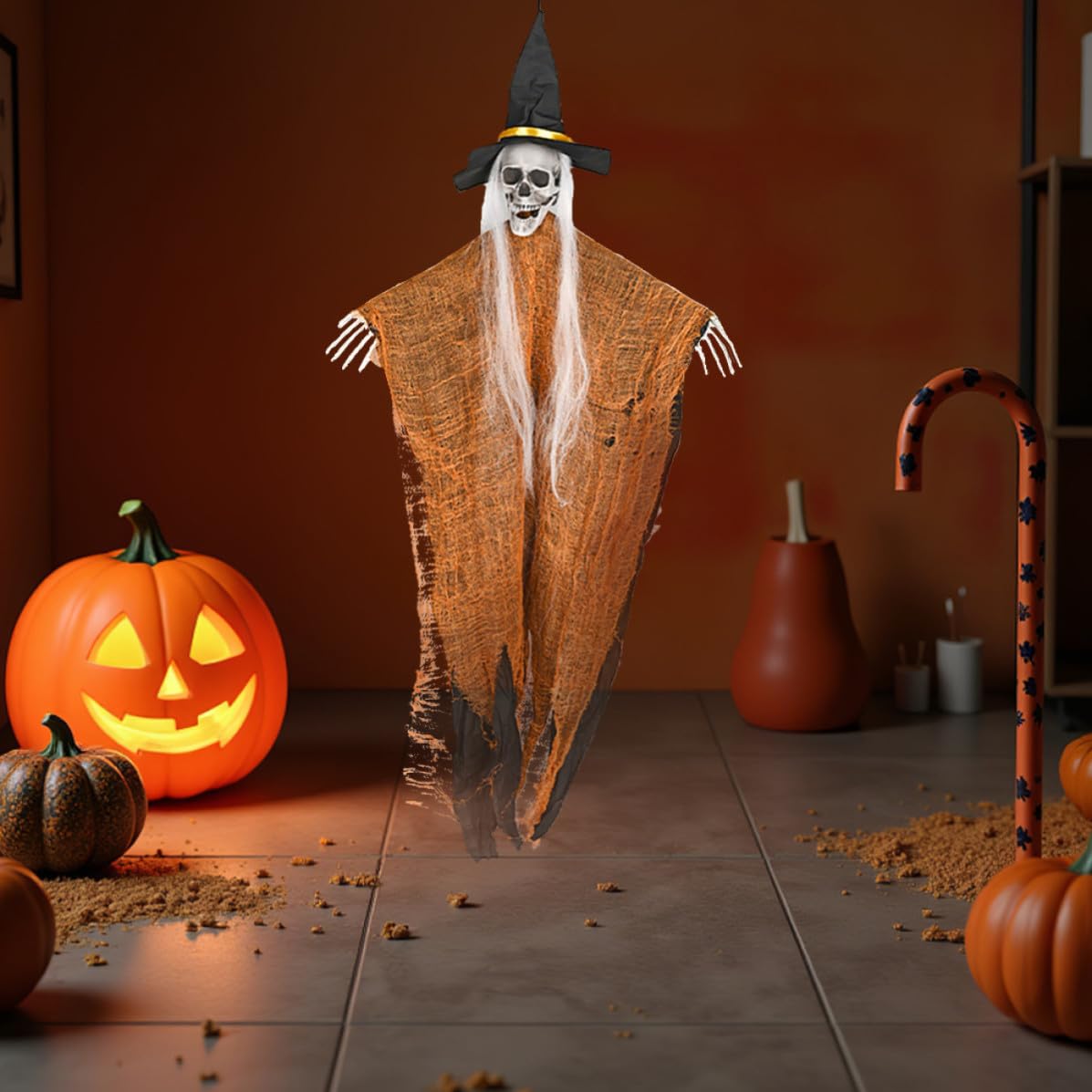 Zerodeko 4 Pezzi Decorazioni Halloween Scheletro con Fantasmi Appesi, Ornamenti da Esterno in Plastica e Ferro, Facili da Appendere con Posizioni Regolabili per Balconi e Giardini