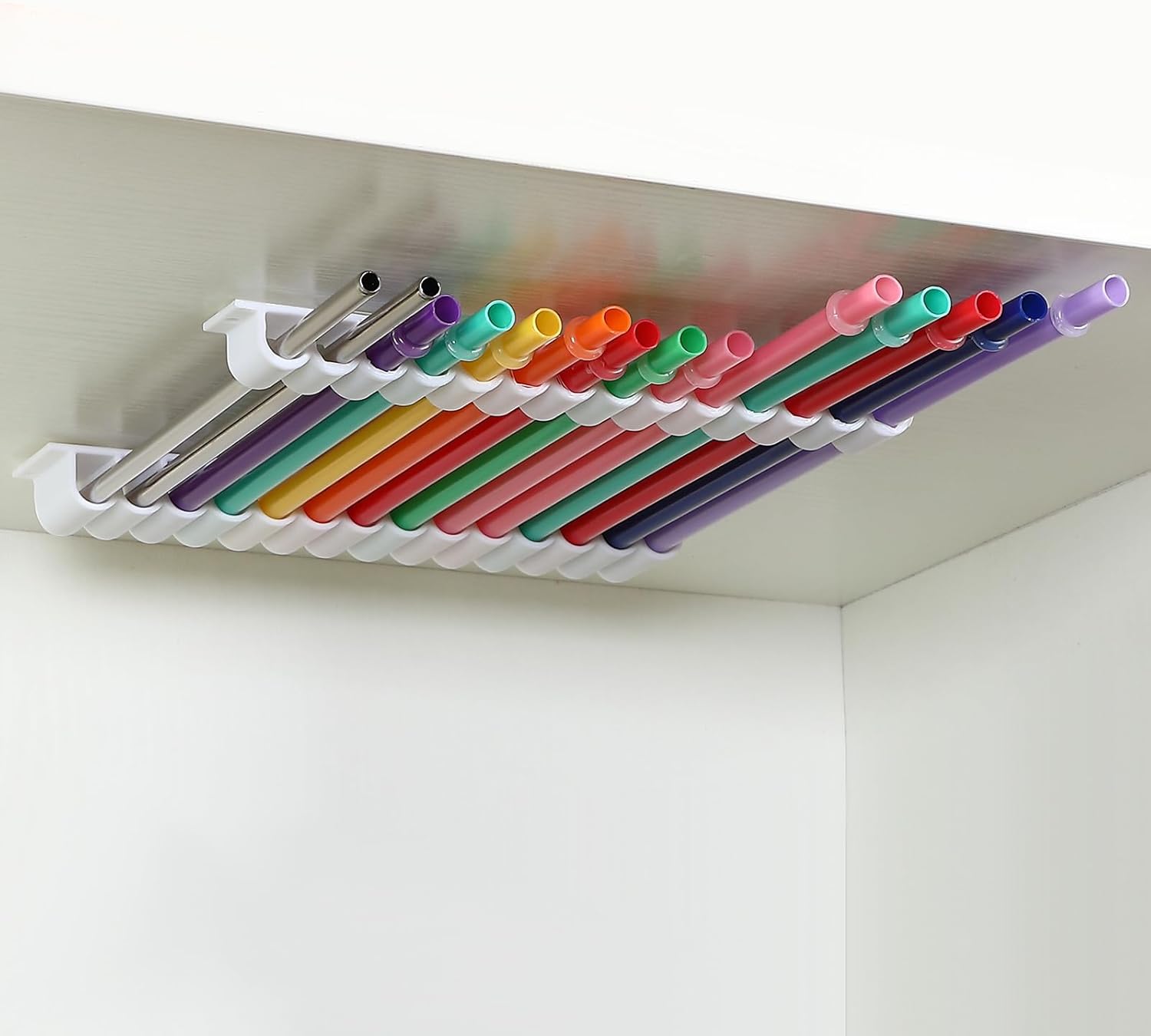 Baderke Straw Holder for Cabinet Reusable Straw Organizer with Double Sided Adhesive Tape Screws Storage Container for Kitchen Counter Cupboard(White,Classic)