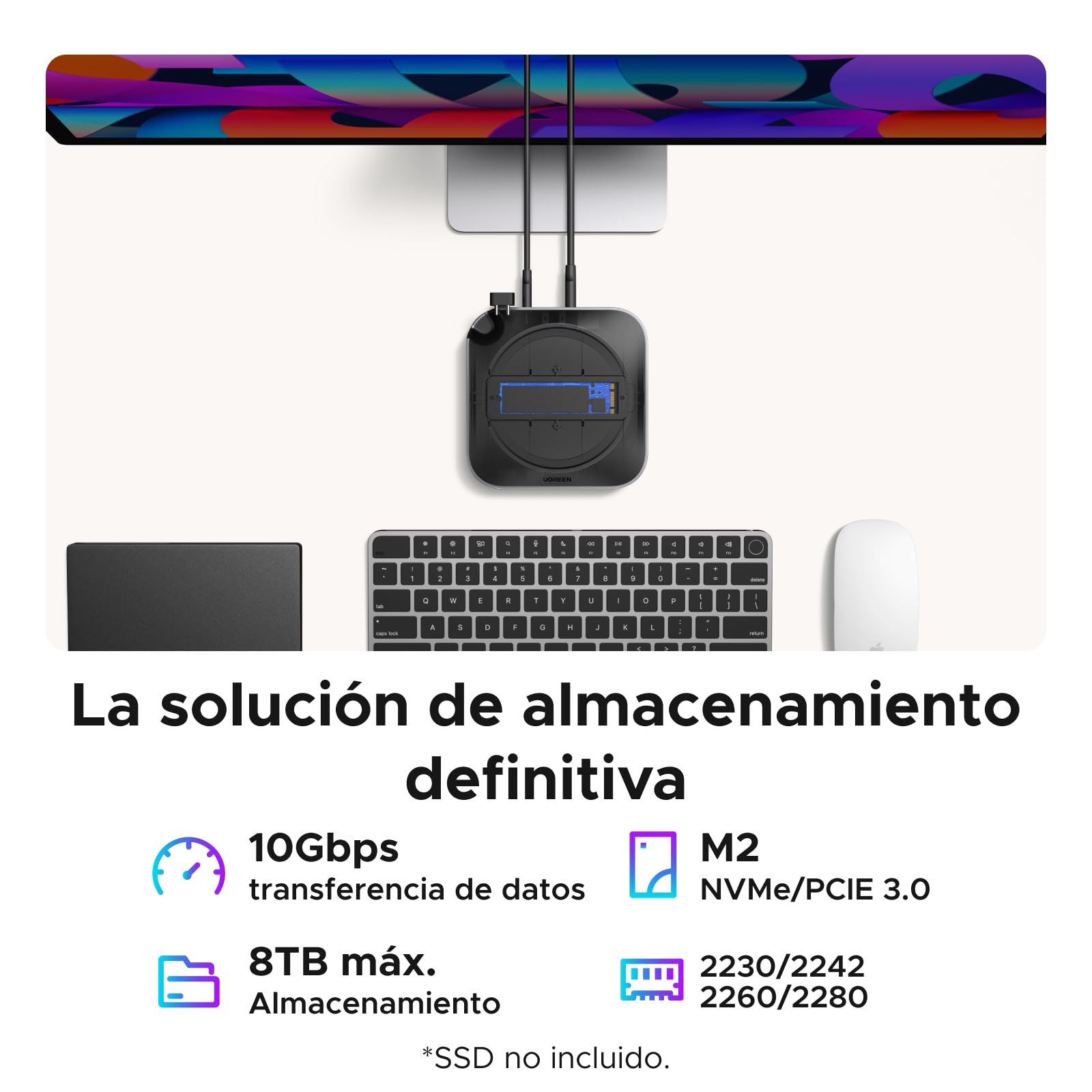 UGREEN Docking Station Hub USB C y Soporte para Mac Mini M4 et M4 Pro | 10 en 2, con Carcasa M.2 NVME SSD, DisplayPort 4K 240Hz 144Hz, 5 Puertos 10Gbps Rápida, Lector de Tarjetas TF SD, 3.5mm Aux