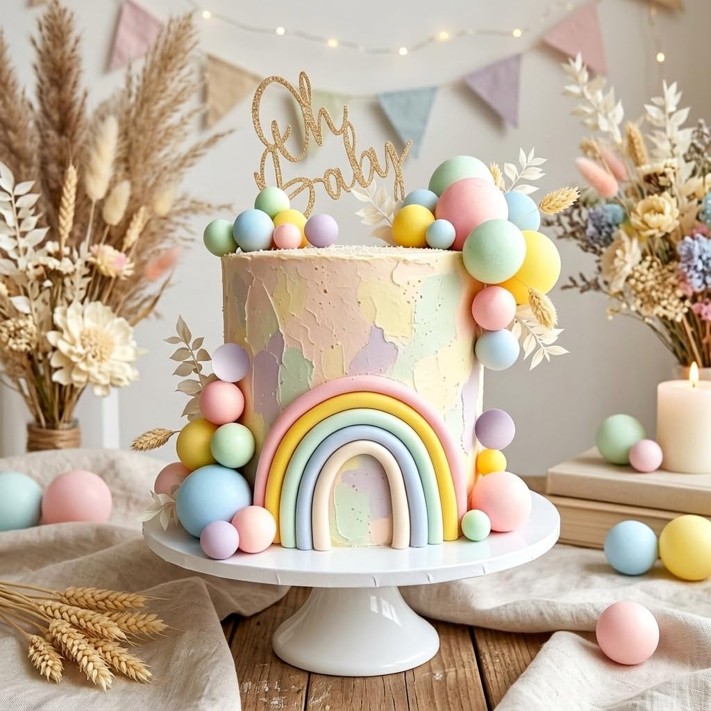 LaVenty Pastel Rainbow Macaroon Ball Cake Toppers Colorful Cupcake Toppers